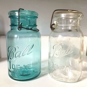 Antique Aqua and Clear  BALL Quart Jars with wire bail and glass lid, Set of 2.